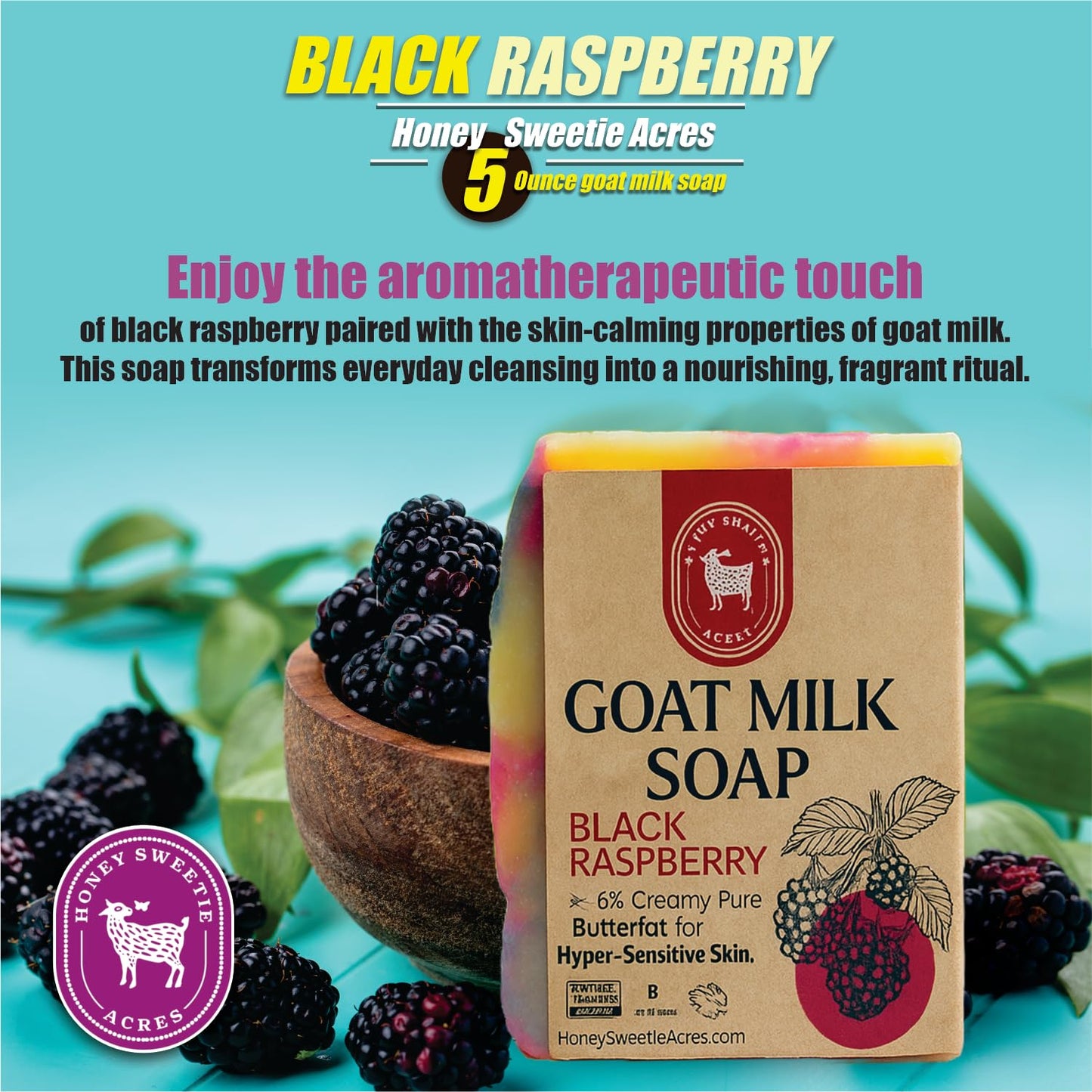 Honey Sweetie Acres Black Raspberry Goat Milk Soap - Handmade 5 oz Bar, Made with Natural Ingredients, Moisturizing & Gentle, Made in the USA (Black Raspberry)