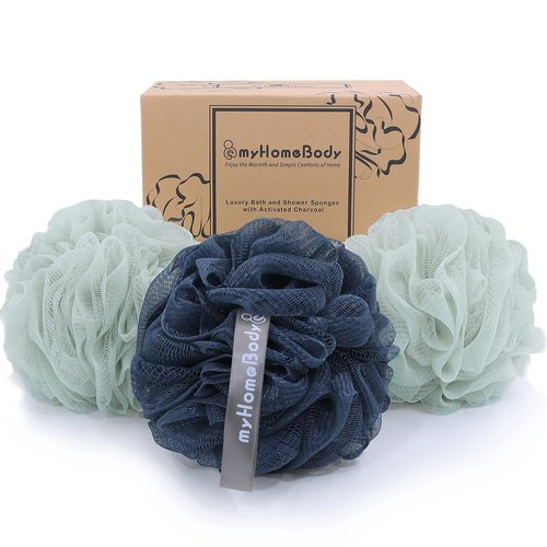 myHomeBody Large 70g Loofah Sponge, Body Scrubber, Bath Sponge, Loofah for Women, Men, Exfoliating Sponge Shower Pouf with Activated Charcoal - 2 Sea Foam Green + 1 Navy Blue, 3 Pack