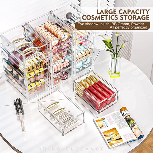 4 Pack Acrylic Makeup Organizer with 18 Drawers, Clear Storage Drawers, Bathroom Counter Organizer, Plastic Storage Bins For Vanity, Undersink, Pantry, Home Organization and Storage