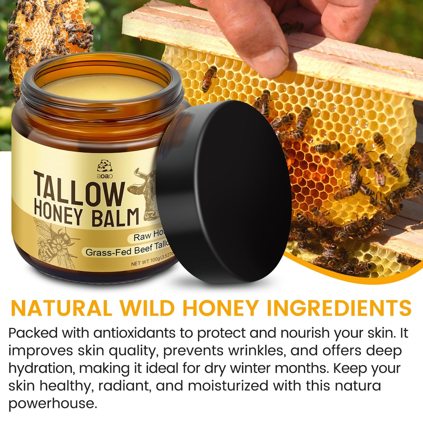 AOAO Tallow Honey Balm for Face & Body, Moisturizer with Organic Grass-Fed Beef Tallow & Raw Wild Honey, Not Diluted, Natural Hydration, Soothes & Nourishes Dry, Sensitive skin, 3.53oz