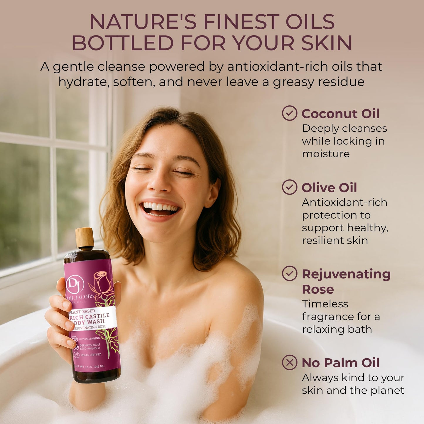 Dr. Jacobs Naturals Pure Castile Soap Liquid Body Wash, Rose - Plant Based Body Soap Infused with Vitamin E and Aloe Vera to Moisturize Dry and Sensitive Skin - Made in The USA - 32 oz, Pack of 3