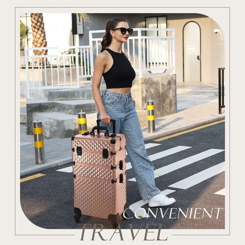 Adazzo 3 in 1 Professional Rolling Makeup Train Case Aluminum Trolley Case with 360° Rotation Wheels for Makuep Artist Cosmetic Suitcase Organizer with Lock and Key Diamond Pattern - Rose Gold
