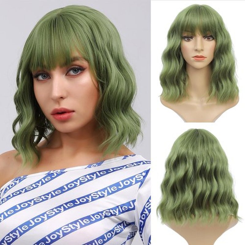 FimTim Short Wavy Bob Wig with Bangs for Women - Green Synthetic Wig for Daily Use