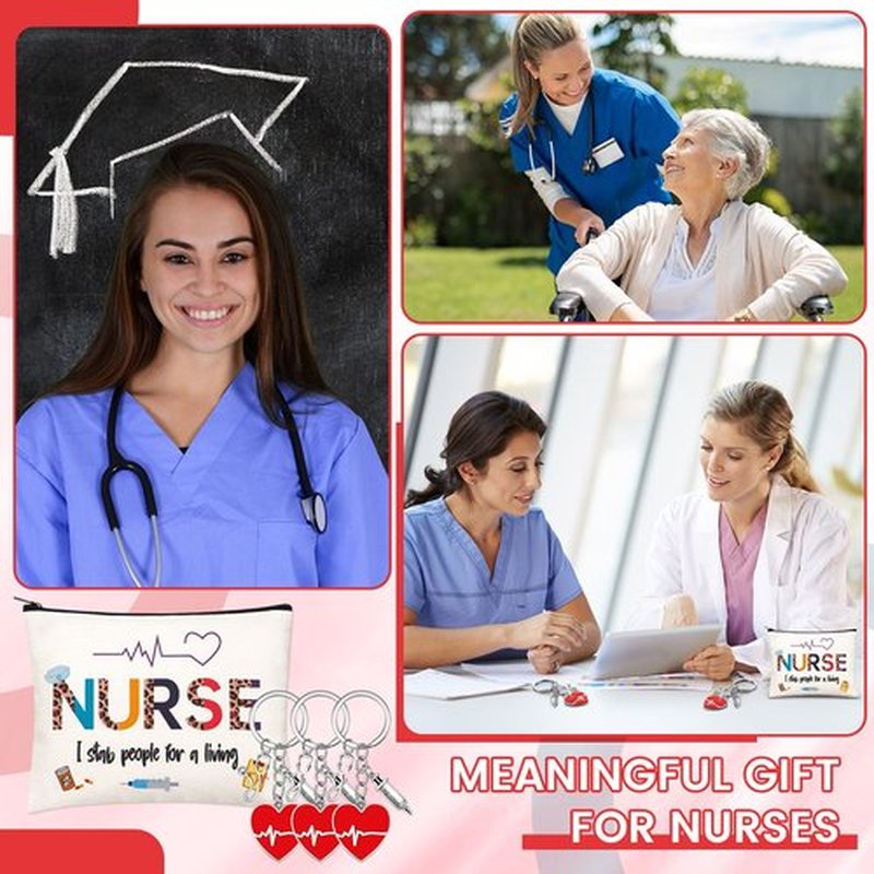 Cunno 32 Pcs Nurse Appreciation Gift Set Nurse Makeup Bags Nurse Keychains for Women Nurse Week Graduation Gifts(Funny Style)