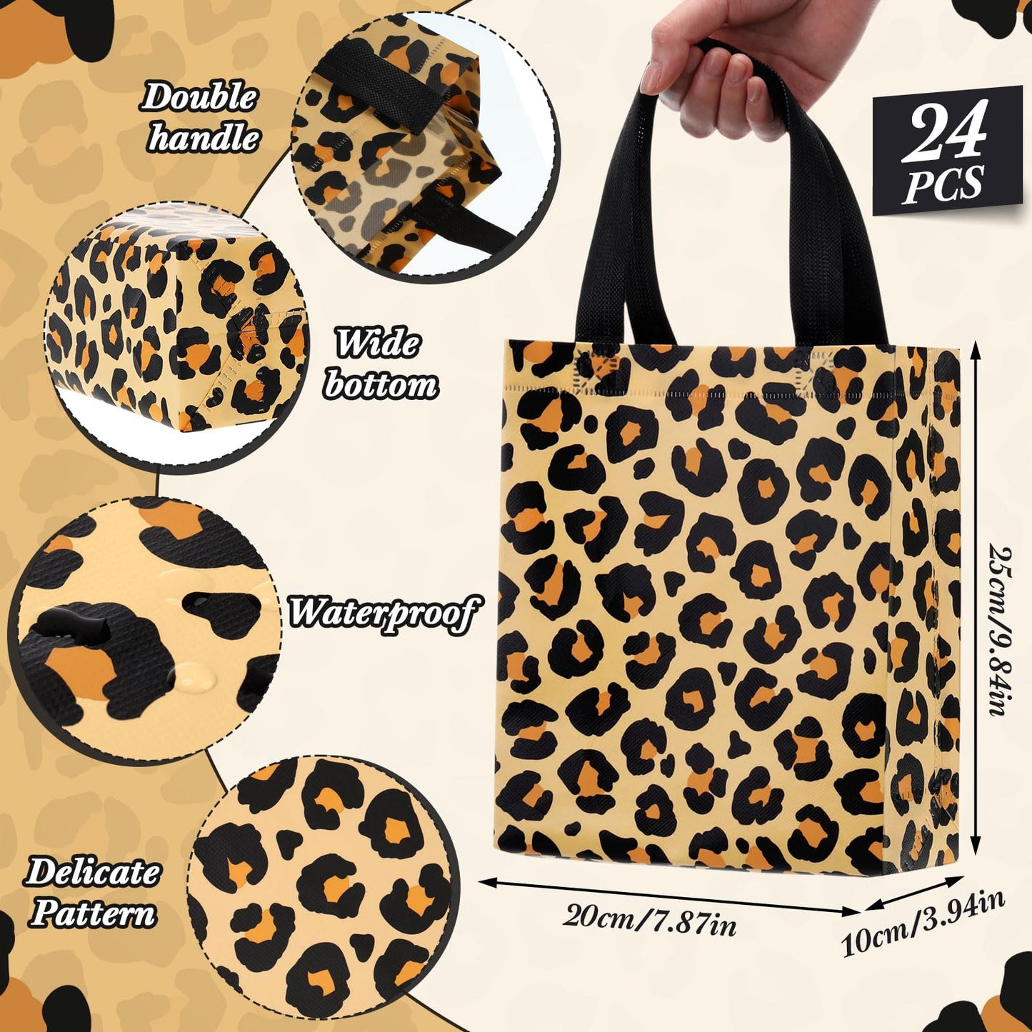 Supervitae 24 Pack Leopard Print Gift Party Bags Medium Animal Print Party Decoration Supplies Reusable Non Woven Totes for Birthday Jungle Baby Shower Favor(9.8" x 7.9" x 3.9")