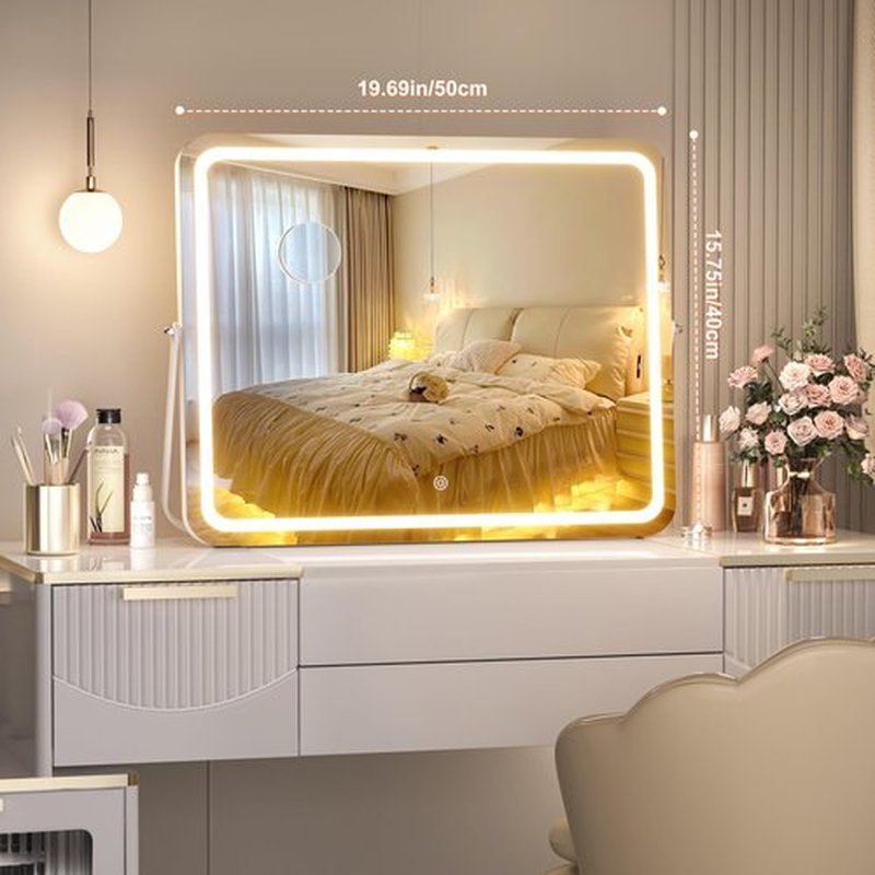 Hasipu Vanity Mirror with Lights, 20" x 16" LED Makeup Mirror, 3 Modes Light, Smart Touch Control Dimmable, 360°Rotation, Rectangle White Frame, with 5X Magnifying Glass