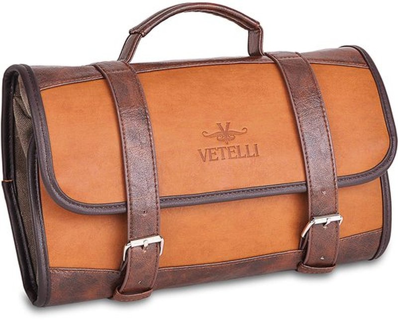 Vetelli Leather Toiletry Bag for Men - Water Resistant, 2 Zippered Internal Pockets, 2 Snap-Fastened Internal Pockets, and Hanging Hook.