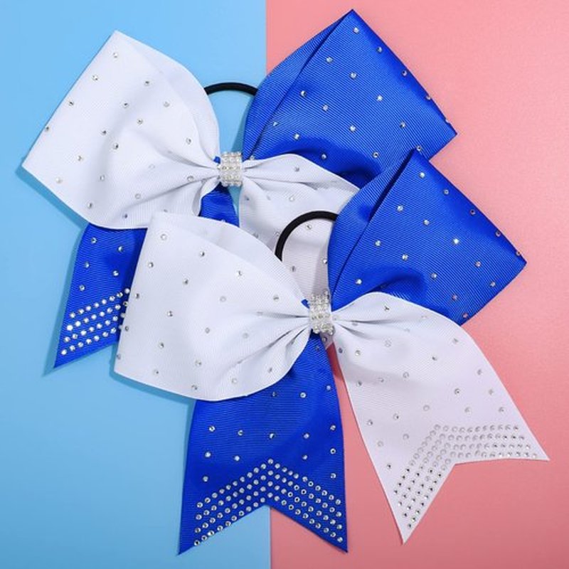 DEEKA 10 PCS Rhinestones Two Toned Large Cheer Hair Bows 7" Glitter Cheer Ponytail Holder Handmade for Teen Girls Softball Cheerleader Sports -Royal Blue/White