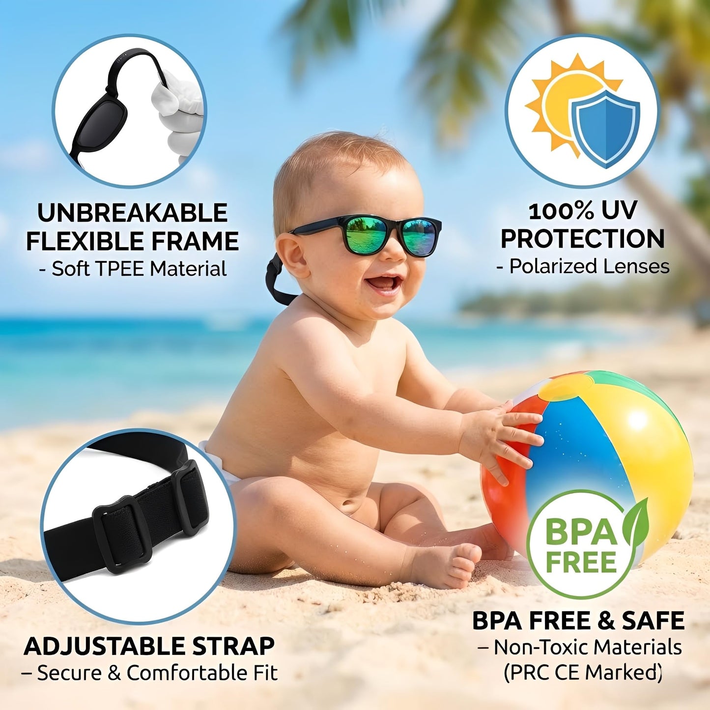 GLARDEFE Polarized Baby Sunglasses with Strap, Infant 0-24 Months