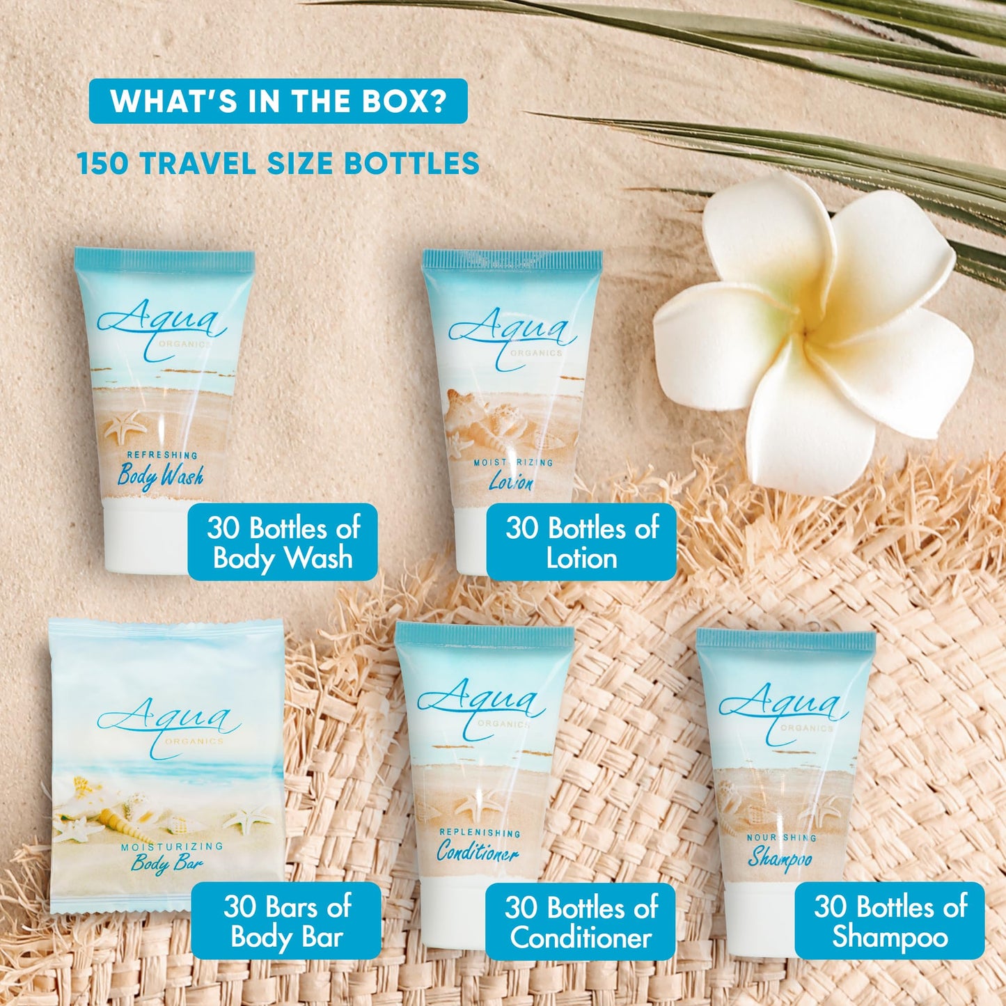 Terra Pure Aqua Organics Hotel Soaps & Toiletries Bulk Set | 1-Shoppe Amenities Kit | 1oz Shampoo & Conditioner, Body Wash, Lotion, 1oz Bar Soap | Travel Size | 150 Pieces