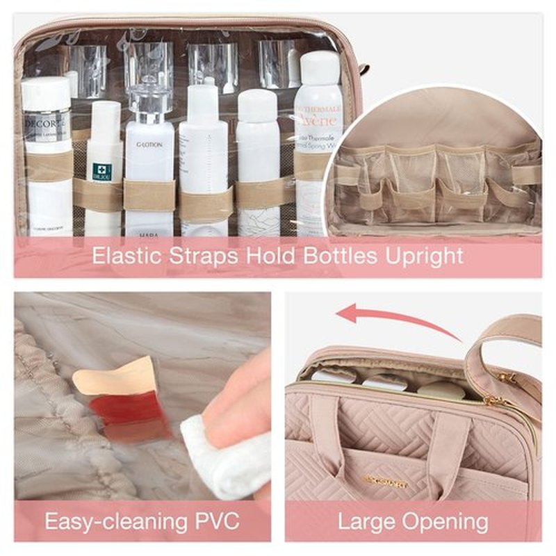 BAGSMART Travel Makeup Bag - Water-resistant Cosmetic Organizer for Full Sized Toiletries, Shampoo, and Accessories (Pink, Large)