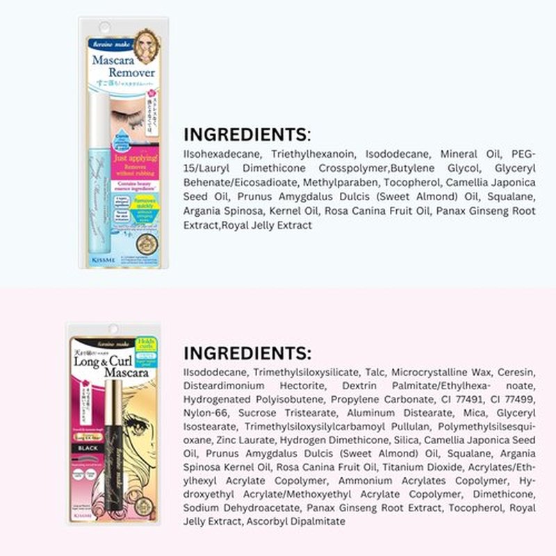 HEROINE MAKE by KISSME Mascara Duo Set | 2 Full-Size - Long & Curl Up Waterproof Mascara Black, Lengthening & Volume Fiber Tubing Mascara + Gentle Eye Makeup Remover for Waterproof Mascara