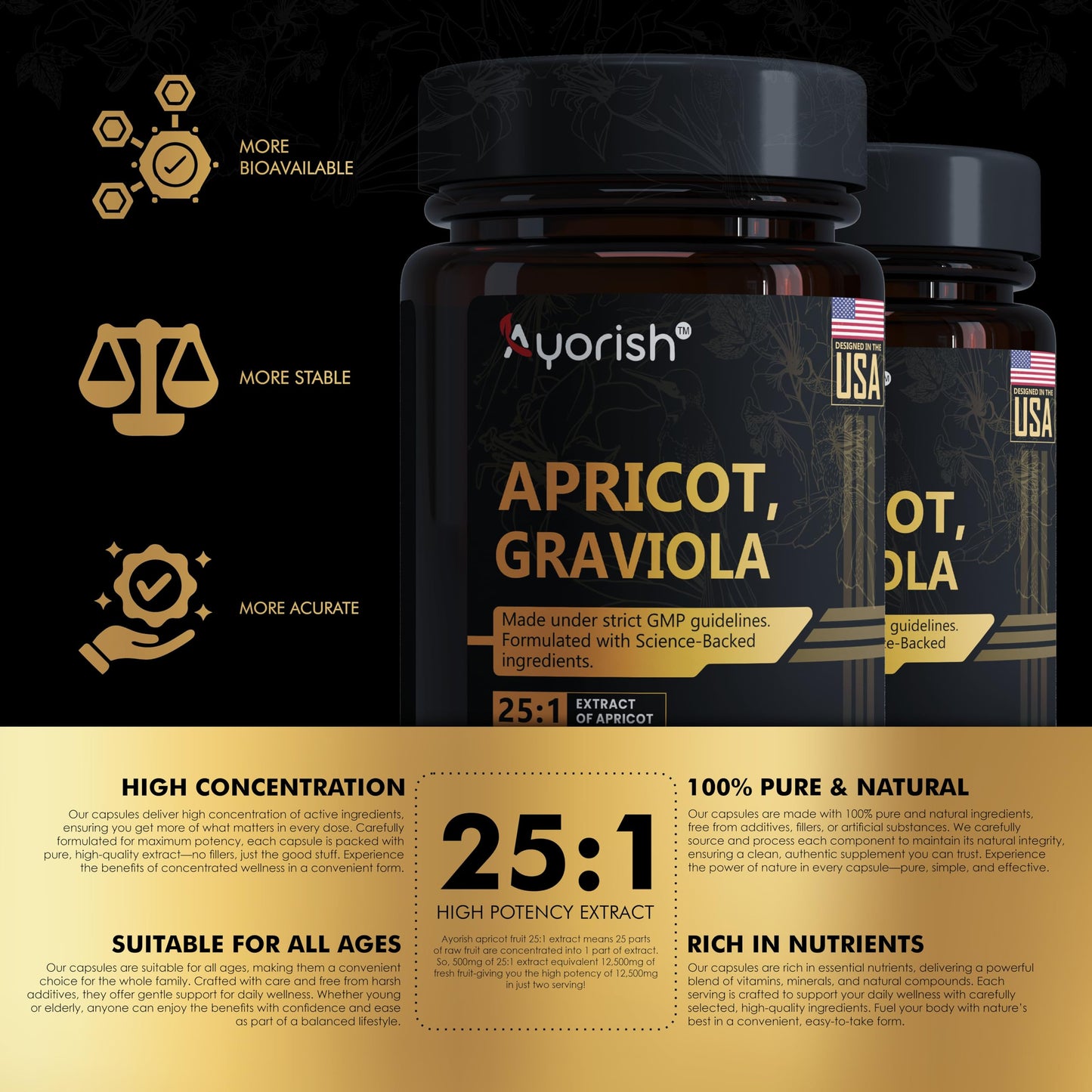 Ayorish Apricot 500 mg with Soursop Graviola Extract Capsule - 120 Veggie Capsules 60 Servings Non-GMO, Vegan