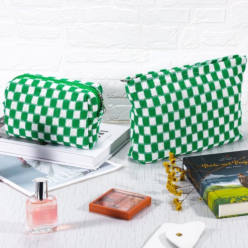 ZLFSRQ 2Pcs Checkered Makeup Bag for Women Large Cosmetic Bag Set Travel Toiletry Bag Makeup Pouch Bag for Purse Green Zipper Storage Bag Organizer Cute Small Aesthetic Girls Car Essentials Bag