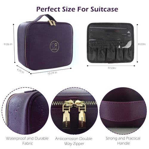 MOMIRA Makeup Bag with Mirror and Light Travel Makeup Train Case Cosmetic Bag Organizer Portable Artist Storage Bag with Adjustable Dividers Makeup Brushes Storage Organizer Deep purple