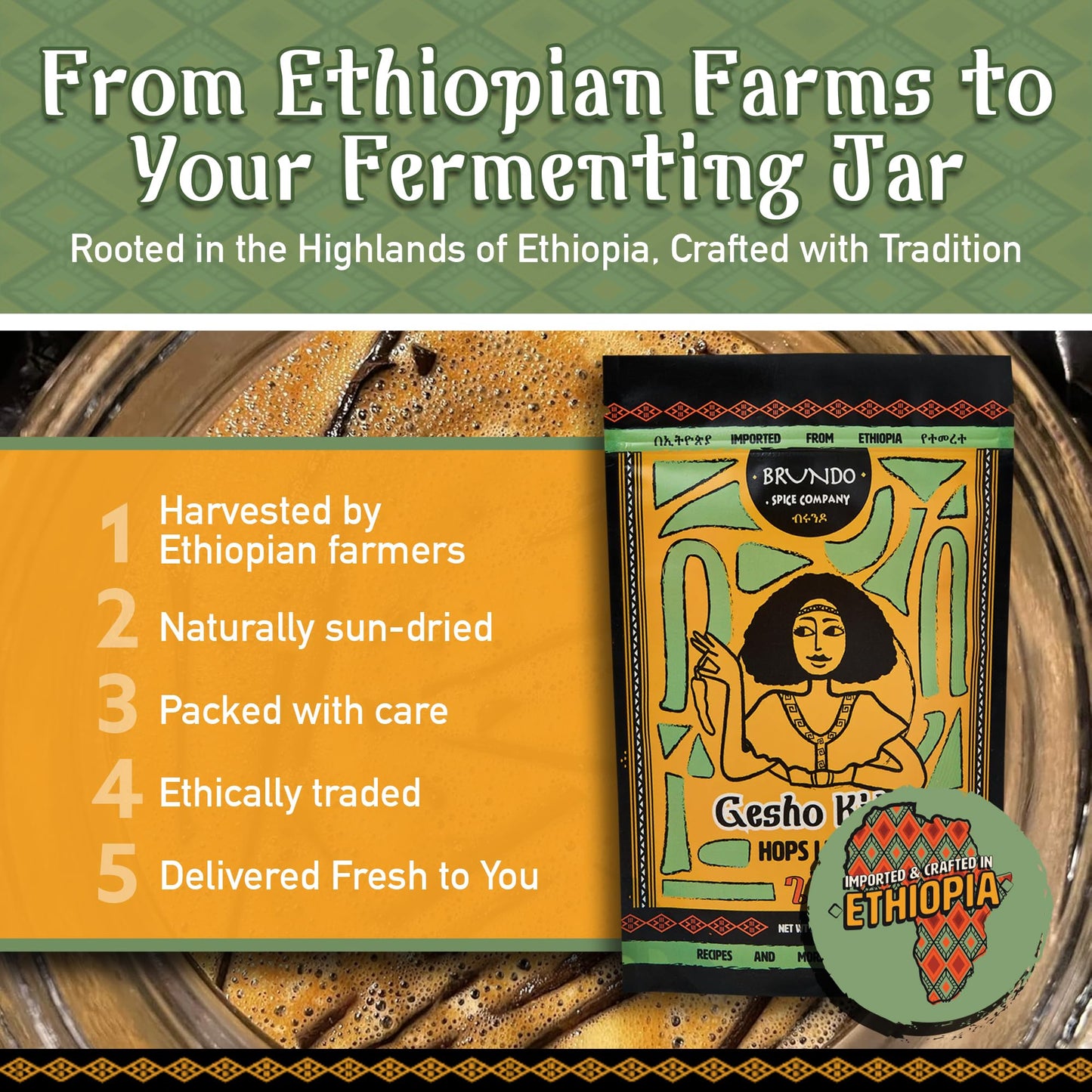 Brundo Ethiopian Spice Company Gesho Kitel Authentic Brewing Hops Leaves Hand Picked and Processed Harvested in and Imported from Ethiopia All Natural No Preservatives 2oz