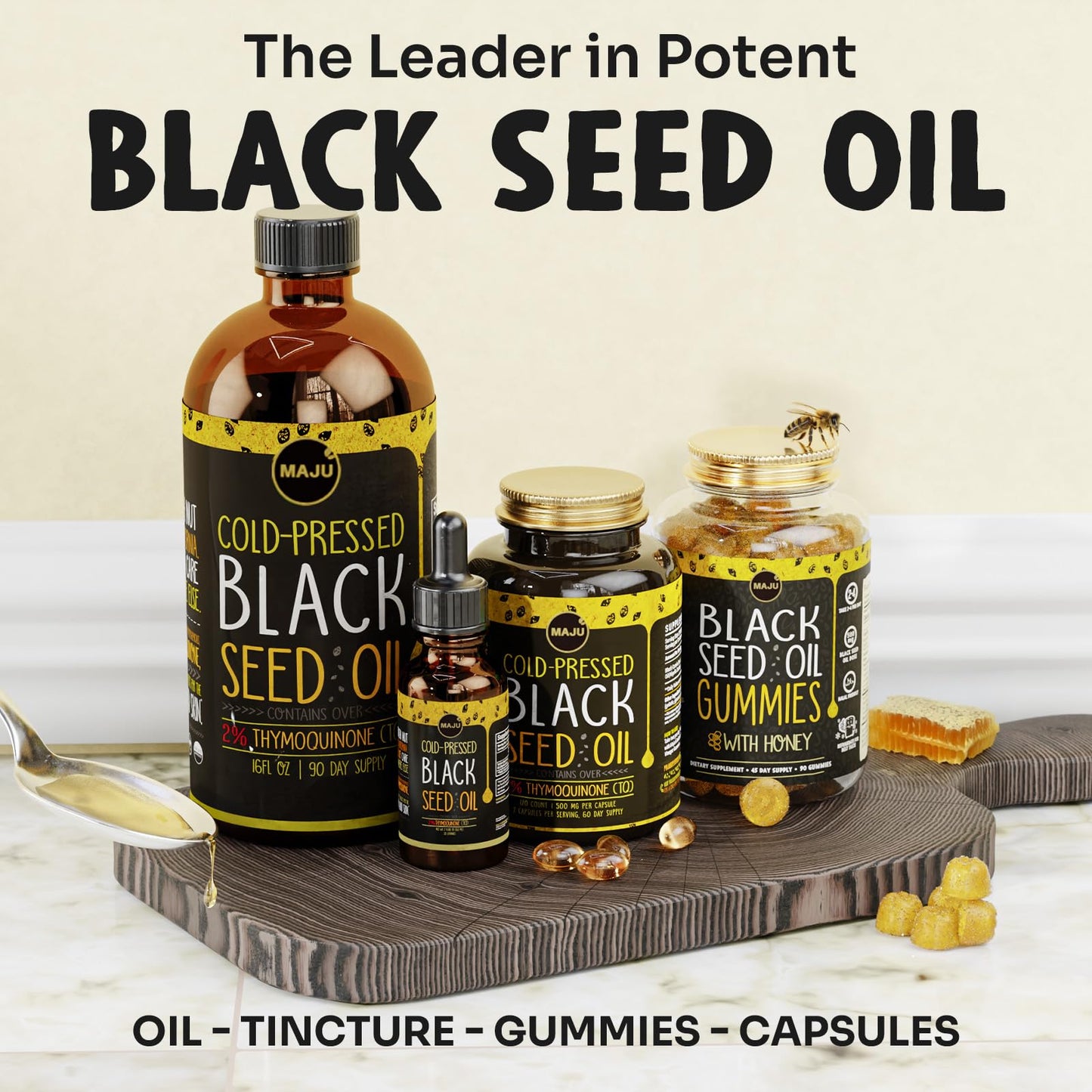 MAJU's Black Seed Oil Gummies with Honey 90ct, 500mg BSO Gummy, Black Cumin Seed Nigella Sativa Oil, Cold-Pressed, Potent Formula, 90ct
