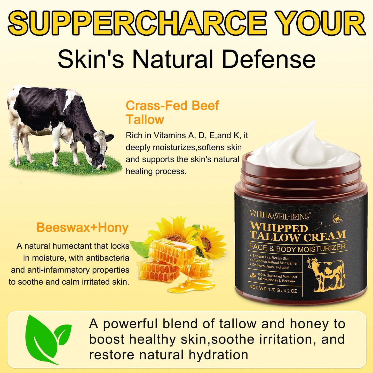 WHLH & WELL-BEING Beef Tallow for Skin, Beef Tallow and Honey Balm, Moisturizer for Face & Body Skin Care(2Pack)