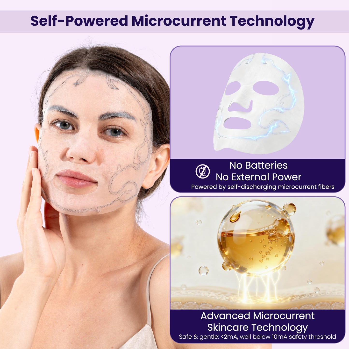 MicroYounger Microcurrent Self-Powered Facial Mask – Deep Hydrate, Anti-Aging, Enhance Absorption & Boost Collagen with Ectoin, Niacinamide & Hyaluronic Acid, All Skin Types & Home Spa Use – 5 Pack