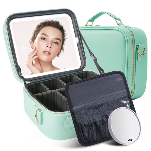 Mocado Travel Makeup Bag with LED Lighted Mirror, Travel Makeup Organizer, Makeup Case with 3 Color Lighted Setting and 10x Magnifying Mirror, Portable Storage and Adjustable Dividers (Powdery Green)