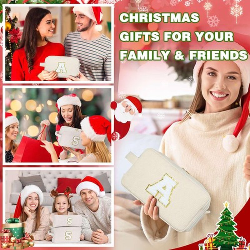 YOOLIFE Girls Gifts Travel Makeup Bag - White Makeup Bag Cosmetic Bags for Women Corduroy Cute Makeup Bag Stocking Stuffers for Teens Personalized Best Friend Birthday Gifts for Women Her Letter M