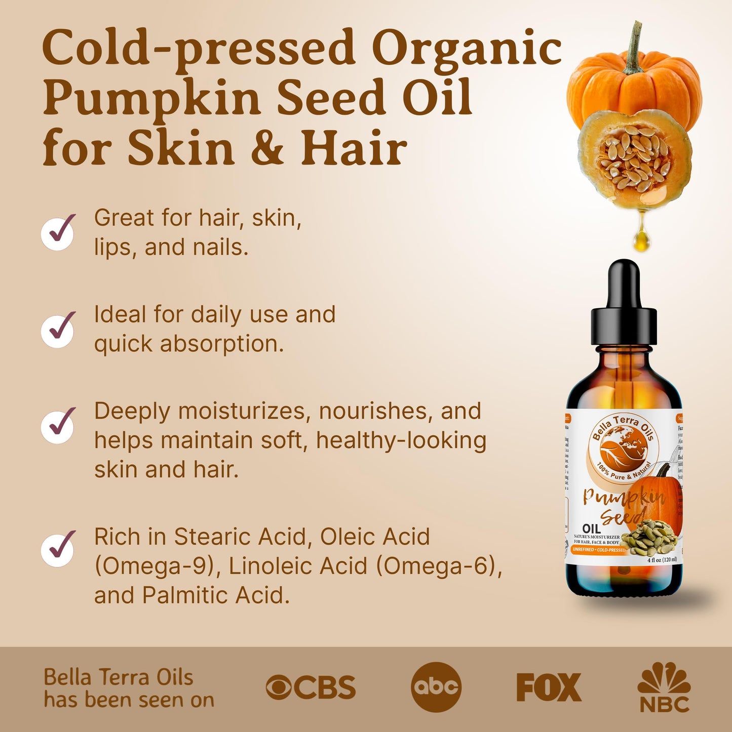 Bella Terra Oils Pumpkin Seed Oil 8oz - Natural, Cold-Pressed, Rich in Omega-9 & Essential Nutrients