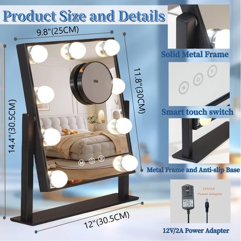 Acoolda Vanity Mirror with Lights, Hollywood Vanity Makeup Mirror with 9 Dimmable LED Bulbs, 3 Color Lighting Modes, Detachable 10X Magnification, 360°Rotation,Black