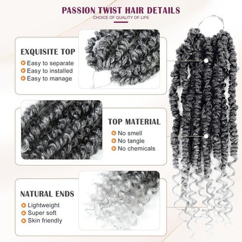Passion Twist Crochet Hair,Pretwisted Crochet Hair 12 Inch Passion Twist Hair,Passion Twist Crochet Hair 8 Packs Pretwisted Passion Twist Hair,Short Pre Looped Crochet Hair for Black Women(1B/gray)
