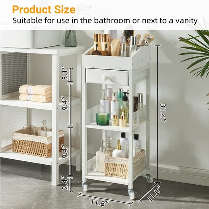 HUSHEDIFY Makeup Organizer Cart,3 Tier Floor Make up Storage Stand with Drawer, Free Standing Skincare Cosmetic Display Holder with Wheels for Vanity Bedroom Dresser Bathroom(White)
