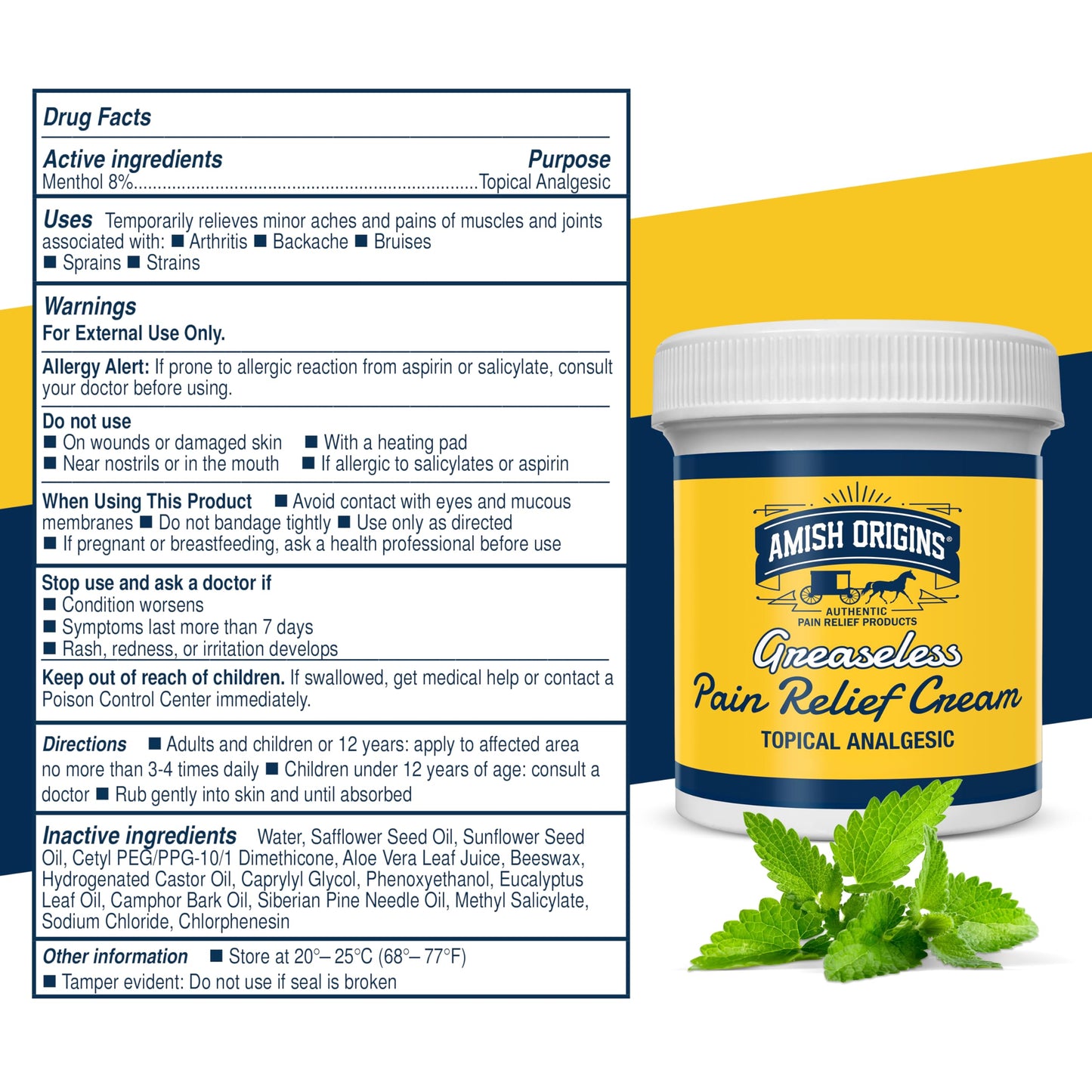 Amish Origins Arthritis Pain Relief Cream - 4 oz - Maximum Strength Deep Penetrating for Joint, Muscle, Knee, Back, Feet, Hand, Ankle, Aches, 1 Pack