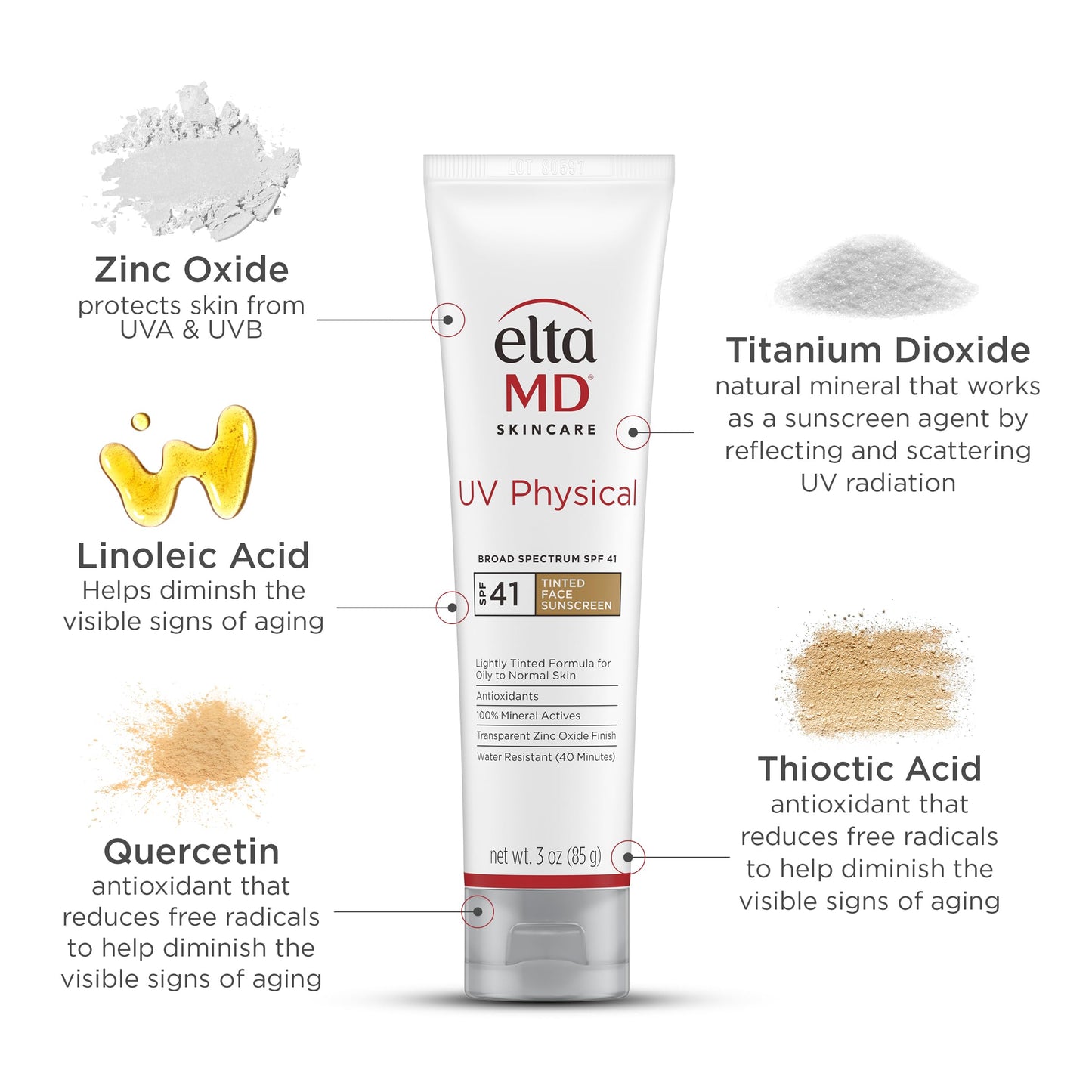 EltaMD UV Physical Tinted Mineral Sunscreen for Face SPF 41,100% Mineral Actives Tinted Face Lotion, Water Resistant, Paraben-Free, Transparent Zinc Oxide Finish,Travel Size Sunscreen 3 oz,(Pack of 2)