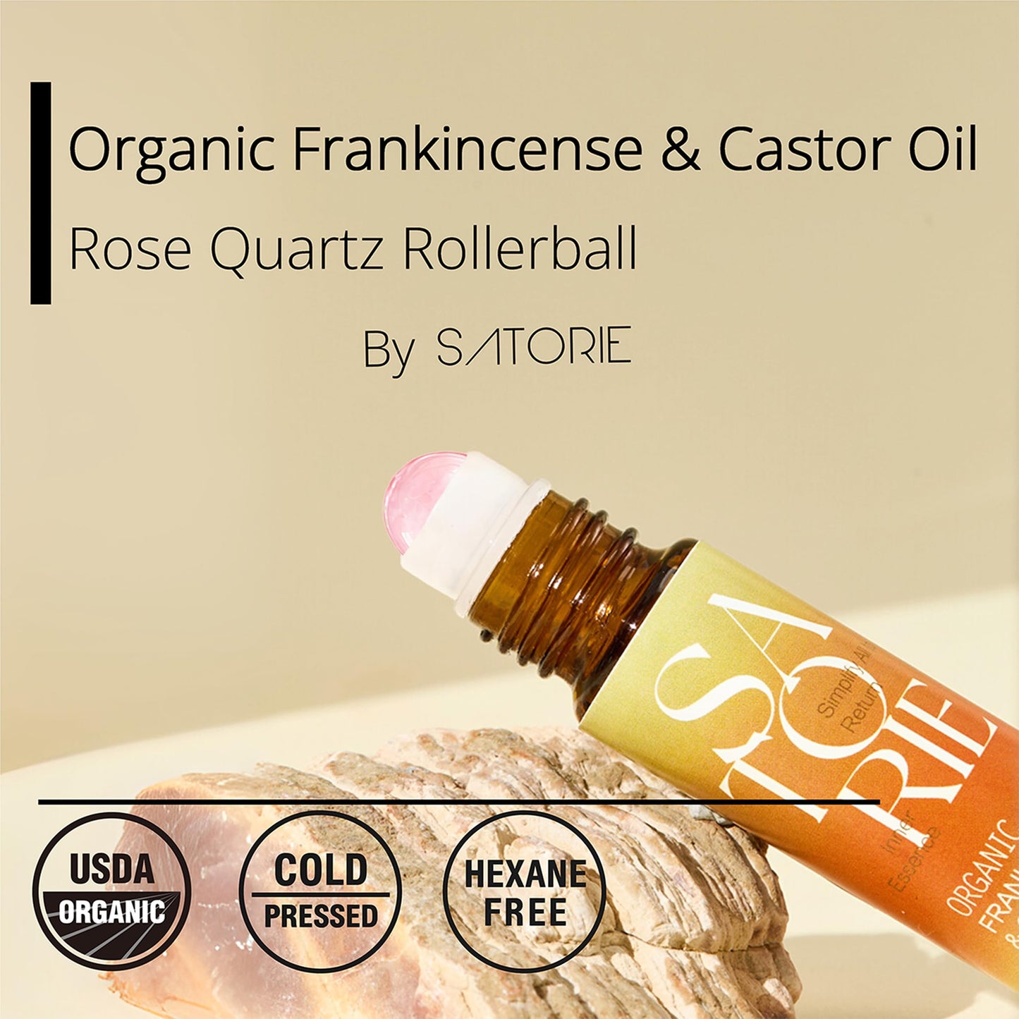 SATORIE 2-Pack Organic Castor & Frankincense Oil with Rose Quartz Rollerball - USDA Certified Essential Blend Oil Roll-On, for Face, Under Eyes, Anti-Aging, Dark Circles