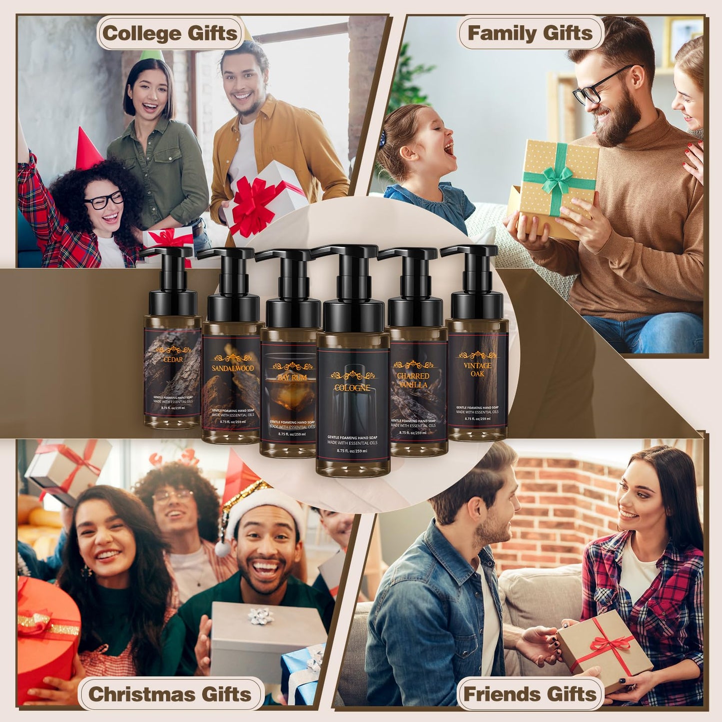 Swiffen 6 Pack Men's Foaming Hand Soap with Pump Care Moisturizing Liquid Gentle Foam Hand Wash Cedar, Sandalwood, Bay Rum, Cologne, Charred Vanilla, Vintage Oak for Kitchen or Bathroom