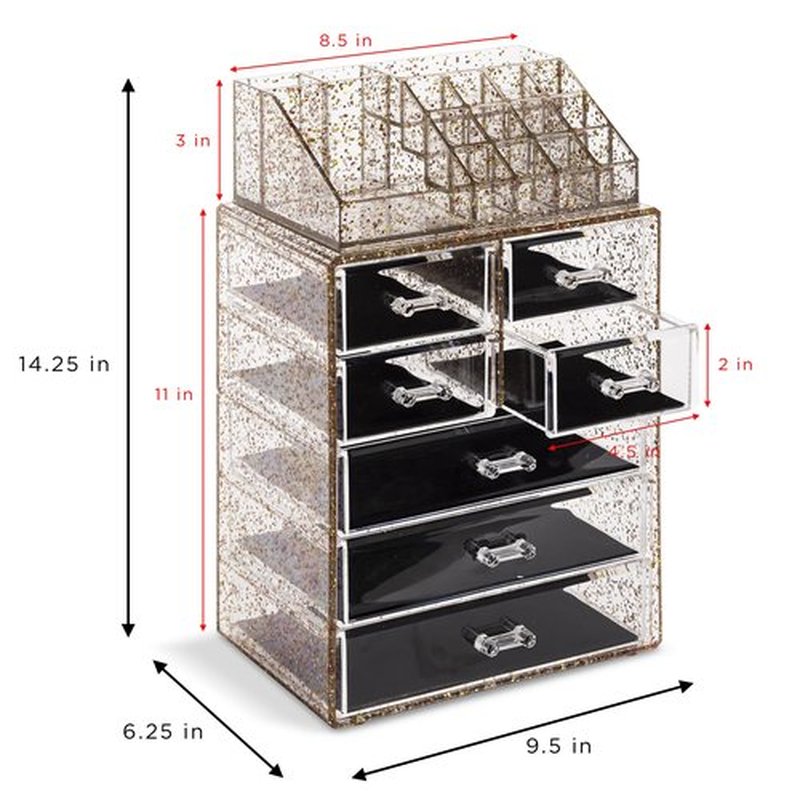 Sorbus Clear Cosmetic Makeup Organizer - Make Up & Jewelry Storage, Case & Display - Spacious Design - Great Holder for Dresser, Bathroom, Vanity & Countertop (3 Large, 4 Small Drawers) [Glitter]