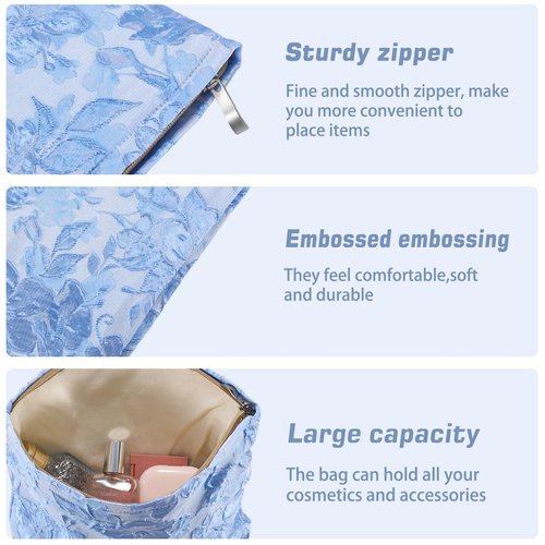 ZLFSRQ Flower Makeup Bag Travel Cute Floral Cosmetic Bags for Women Large Makeup Pouch Zipper Cosmetic Pouch for Purse Aesthetic Embossed Blue Makeup Organizer Bag Portable Toiletry Bag