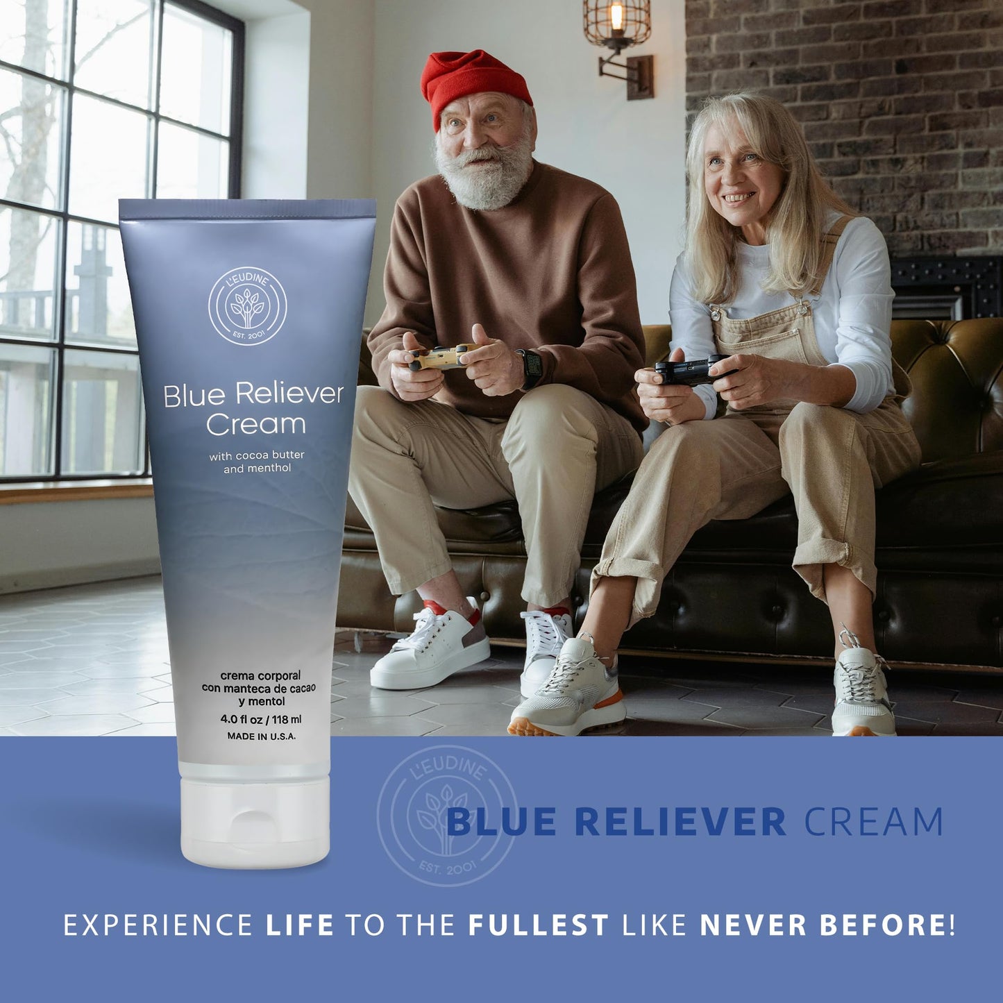 L'EUDINE Blue Reliever Cream – Joint and Muscle Therapy, Body Cream with Cocoa Butter and Menthol