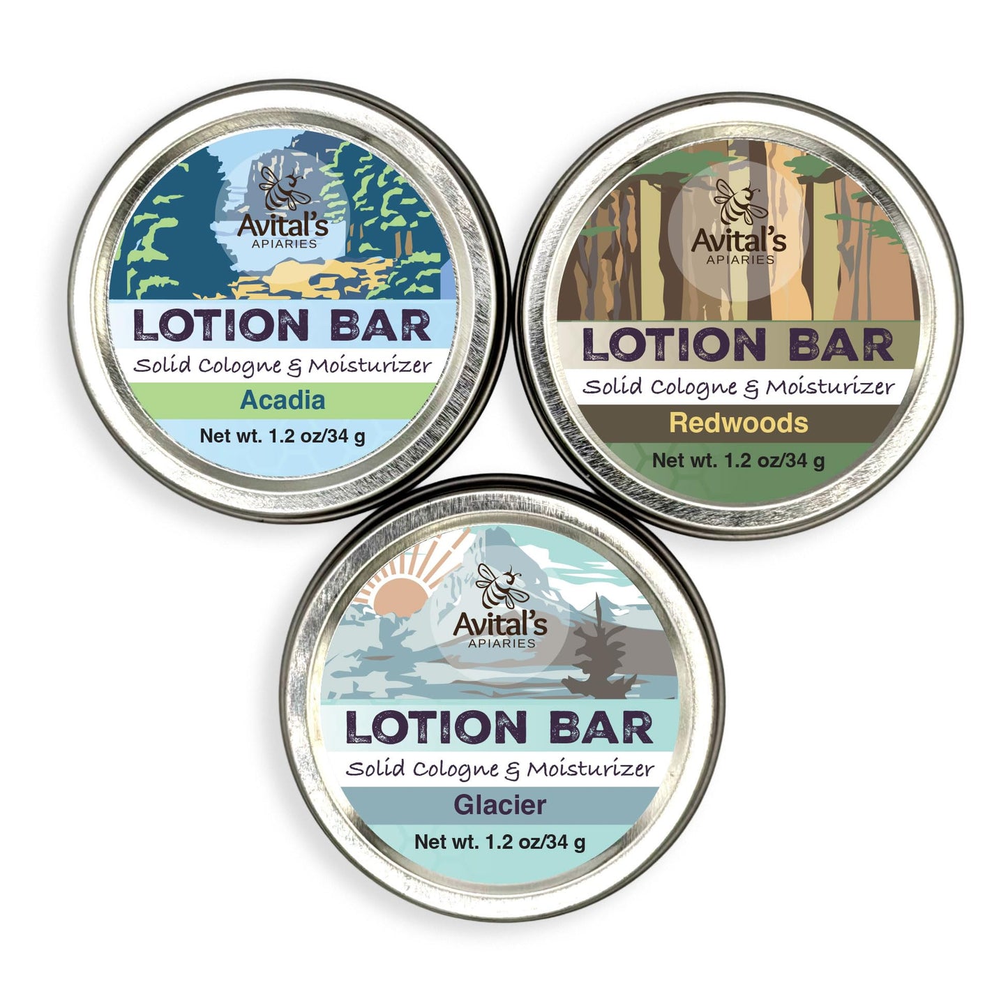 Avital's Apiaries National Parks Lotion Bar Gift Set (3-Pack) Solid Beeswax Moisturizer with Shea Butter & Mango Butter Travel-Friendly, Plastic-Free Skincare Inspired by Acadia, Glacier & Redwood