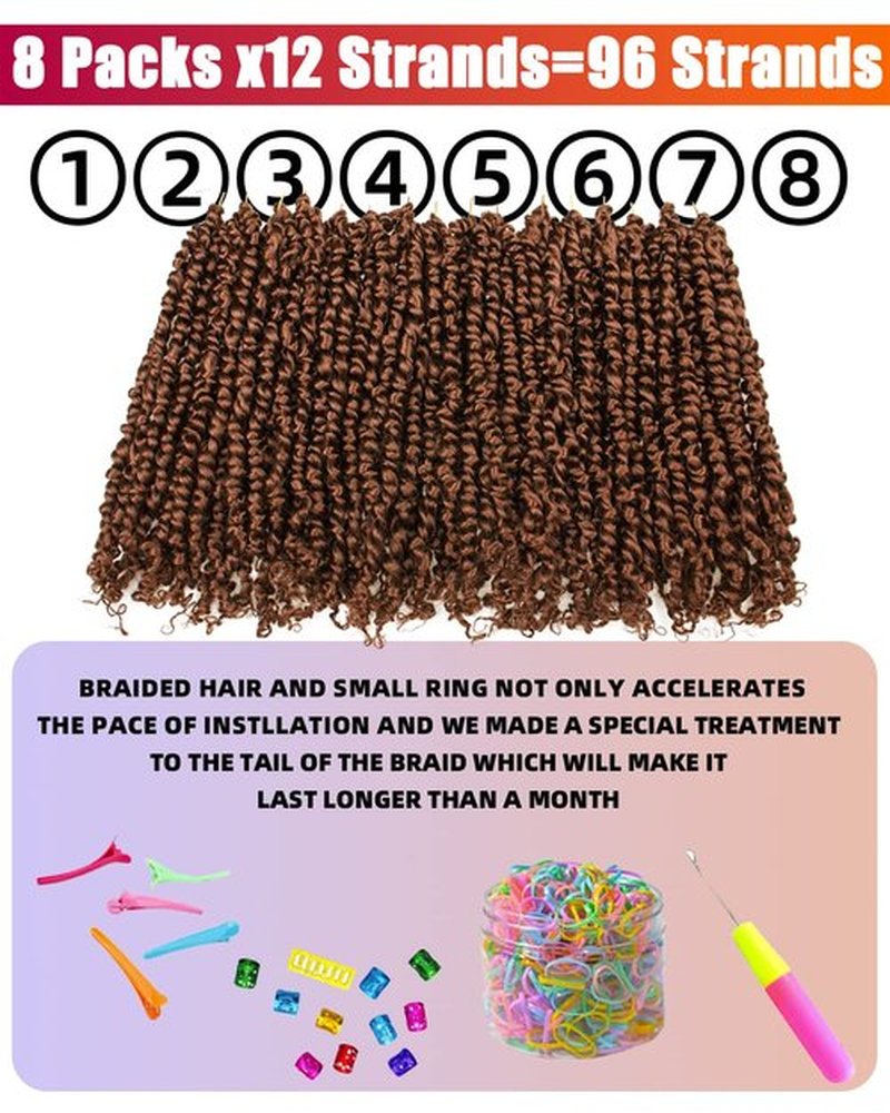 10 Inches 8 Packs Pre Looped Pretwisted Passion Twist Crochet Hair for Black Women and Kids-Natural Brown,Soft Hair Extensions Braided by Synthetic Spring Kinky Twist Bohemian Curls(10"-8 Packs,30#)
