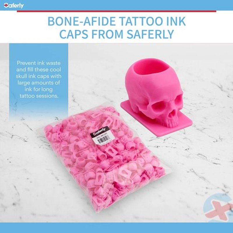 Saferly Skull Tattoo Ink Caps Cups for Tattooing, Disposable Pigment Holder with Base, Microblading Permanent Makeup Tattoo Supplies, Size #16 Large, Bag of 200, Neon Green