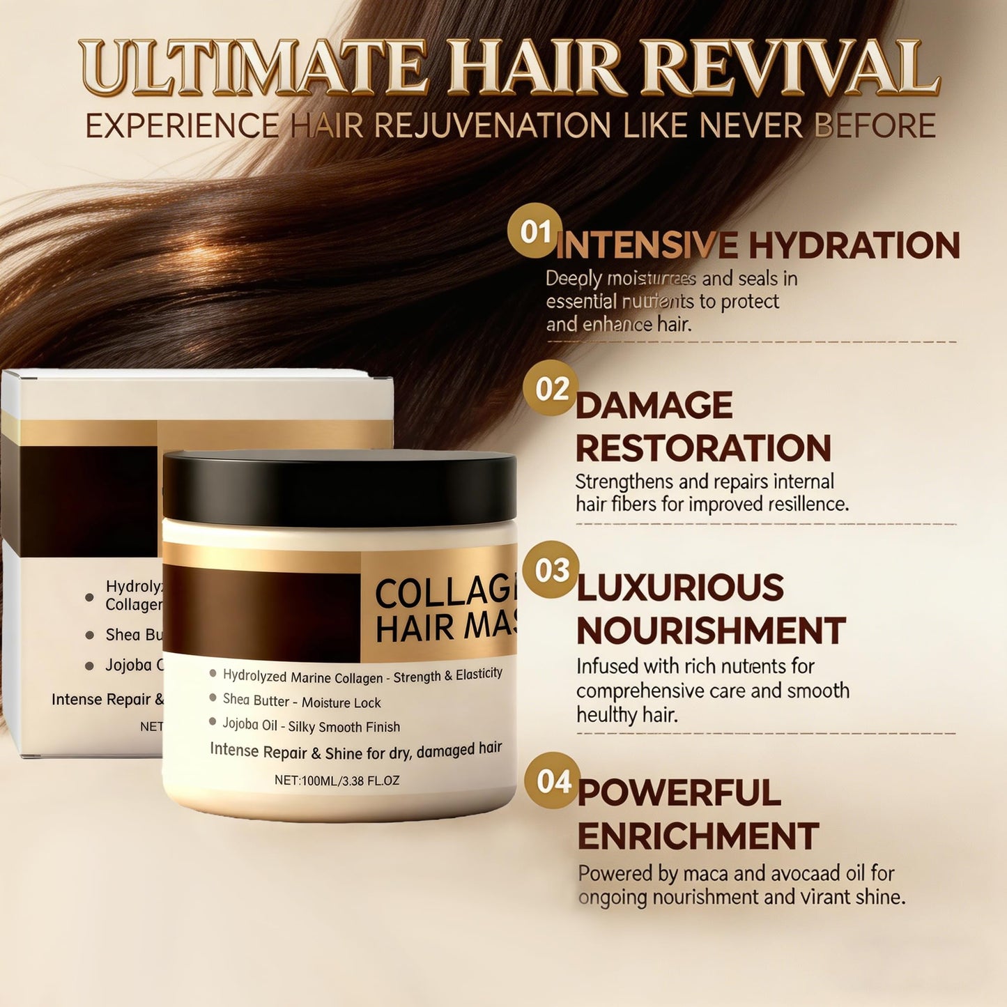 BlueBouff Keratin & Collagen Deep Conditioning Hair Mask, Intensive Hydration for Dry, Damaged Hair, Long-Lasting Moisturizing Treatment, Suitable for All Hair Types, 3.38oz
