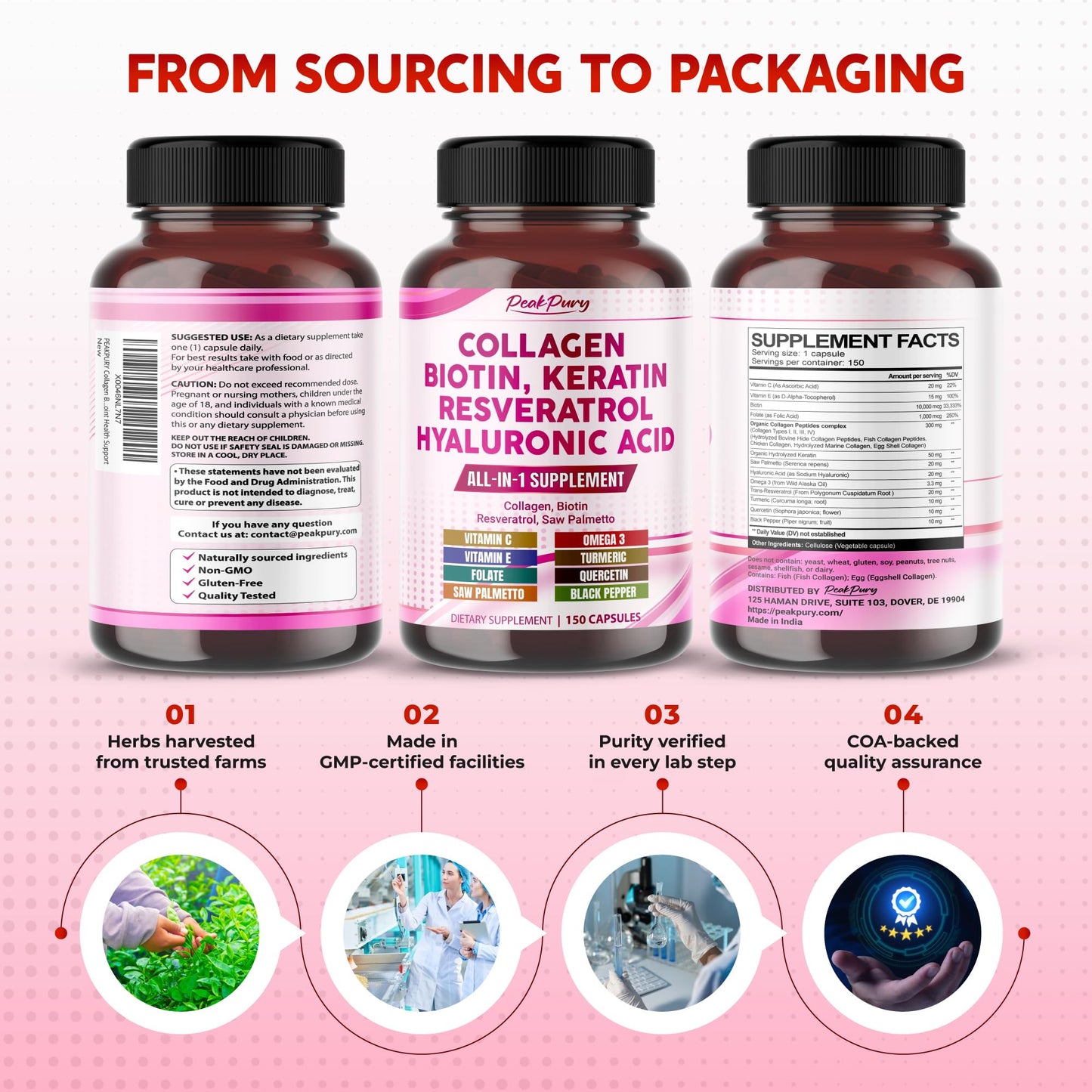 PeakPury Collagen Biotin Supplement, 10000 mcg Biotin with Collagen Peptides, Hyaluronic Acid, Keratin, Resveratrol & Saw Palmetto, Skin Hair Nails & Joint Support*, 150 Capsules, Non-GMO