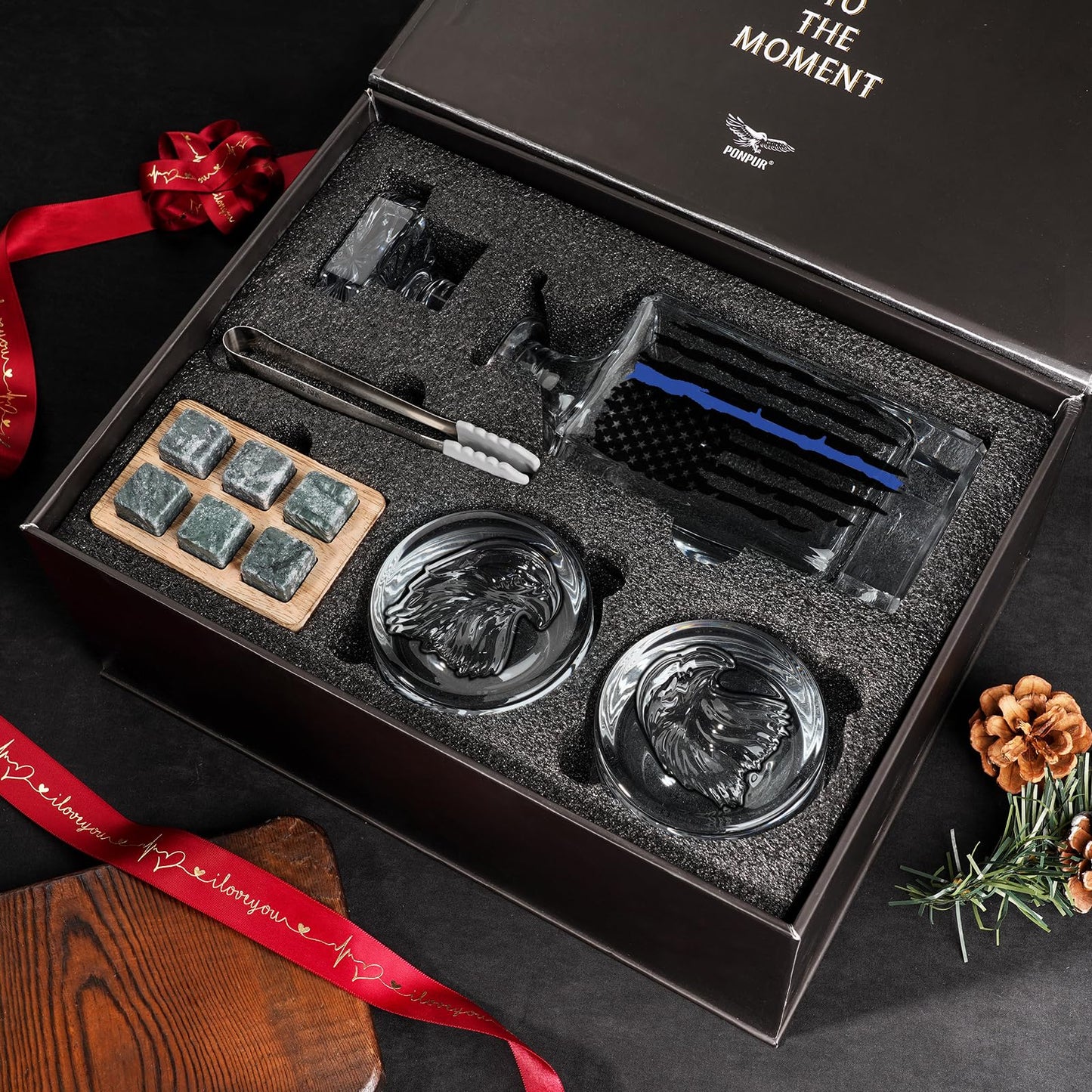 PONPUR Police Officer Gifts for Men, Blue Line Tattered Flag Whiskey Decanter Set with Stones & Glasses, Cool Gifts for Policeman, Retirement & Law Enforcement, Police Academy Graduation Gift
