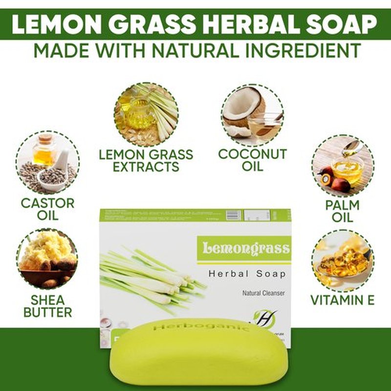 HERBOGANIC Lemongrass Herbal Soap | Pack of 3 of 5oz soap Bar | Natural Bar Soap for Face and Body | Hydrating and Nourishing | Suitable for Men and Women