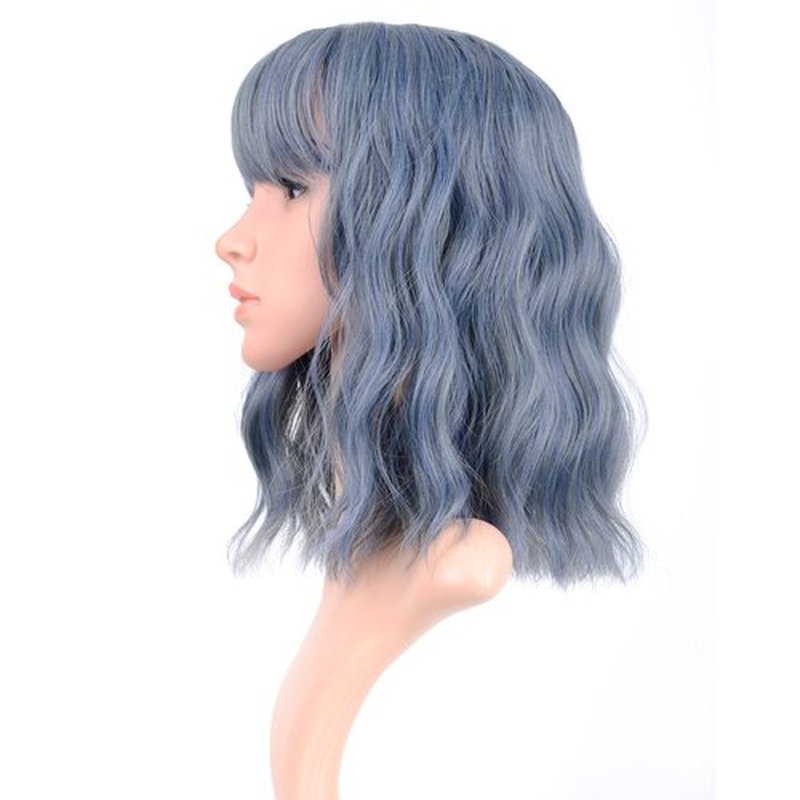 VCKOVCKO Wavy Wig Short Bob Wigs With Air Bangs Shoulder Length Women's Short Wig Curly Wavy Synthetic Cosplay Wig Pastel Bob Wig for Girl Colorful Costume Wigs(12", Mix Blue)