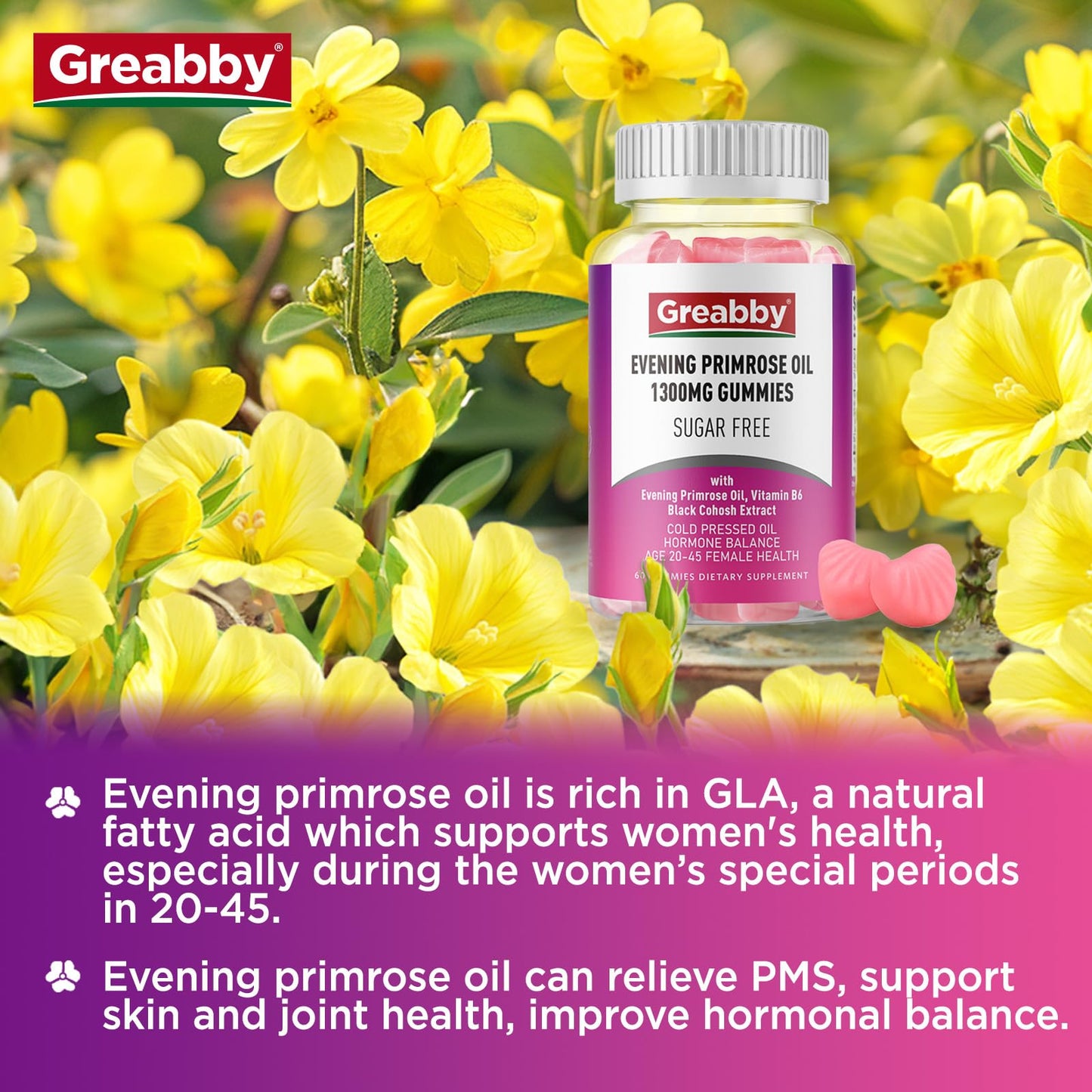 GREABBY Evening Primrose Oil Gummies 1300mg with Black Cohosh & Vitamin B6, Sugar-Free, PMS Relief Supplements for Women 20-45, Chewable PMS Gummies, Strawberry Flavor, Vegan, Pectin, 60 Count