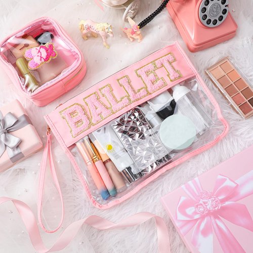 Hillban 2 Pcs Ballet Gifts Chenille Letter Bags Preppy Patch Makeup Bag Flat Clear Pouch PVC Organizer Purse Waterproof Travel Cosmetic Bag Portable Bag for Women (Ballet Theme)