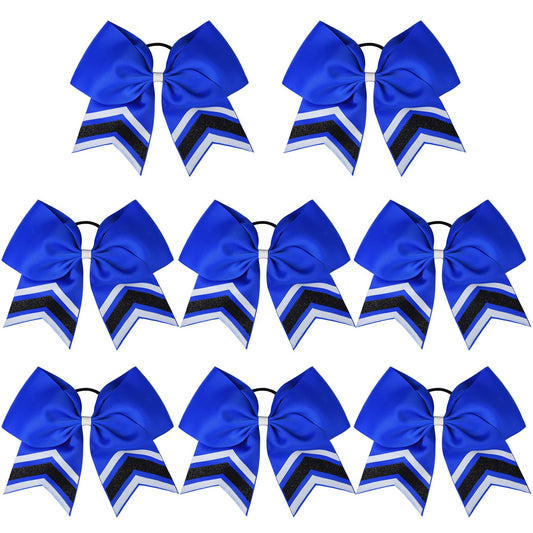 DEEKA 8PCS Large Glitter Cheer Bows Shiny 7" Cheer Hair Bows Ponytail Holder Handmade for Cheerleader Girls Softball Sports -Royal Blue/WTBK