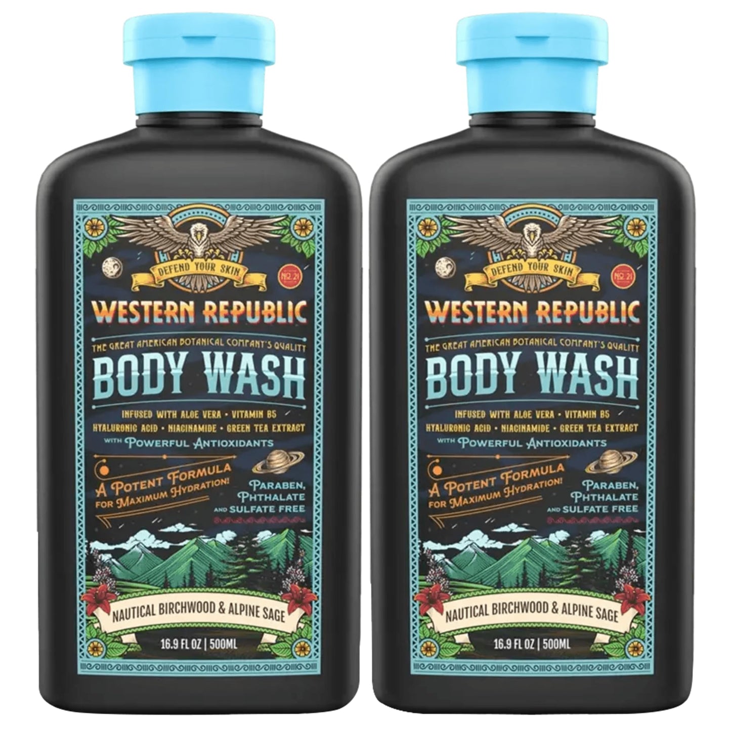 Western Republic - Nautical Birchwood & Alpine Sage Body Wash Shower Gel - Hydrating Cleanser with Aloe, Shea Butter, Niacinamide - 500ml 2 Pack