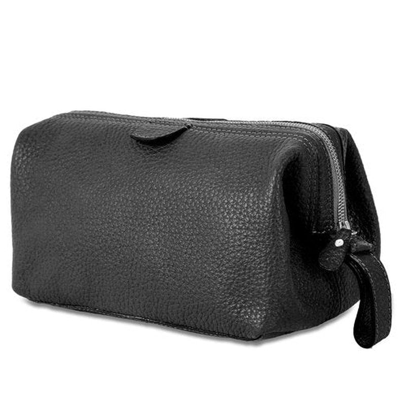 KomalC Large Premium Leather toiletry bag for Men and Women, travel utility Dopp kit wash bag (Black)