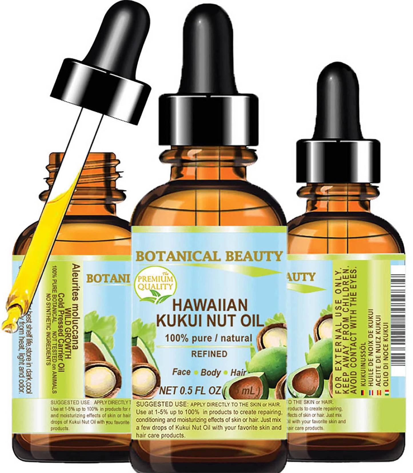 Botanical Beauty KUKUI NUT OIL 100% Pure Natural Virgin Unrefined Cold-Pressed Carrier Oil 0.5 Fl Oz 15 ml for Face, Skin, Body, Hair, Lip, Nails. Rich in Vitamin E